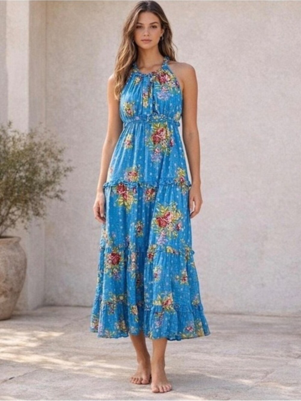 House of Harlow 1960 Helena Tiered Blue Floral Halter Maxi Dress Pockets Size XS